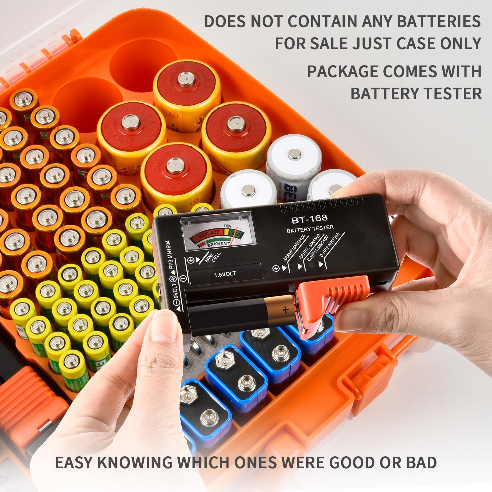 Orange 269-slot battery organizer case included battery tester checking battery condition