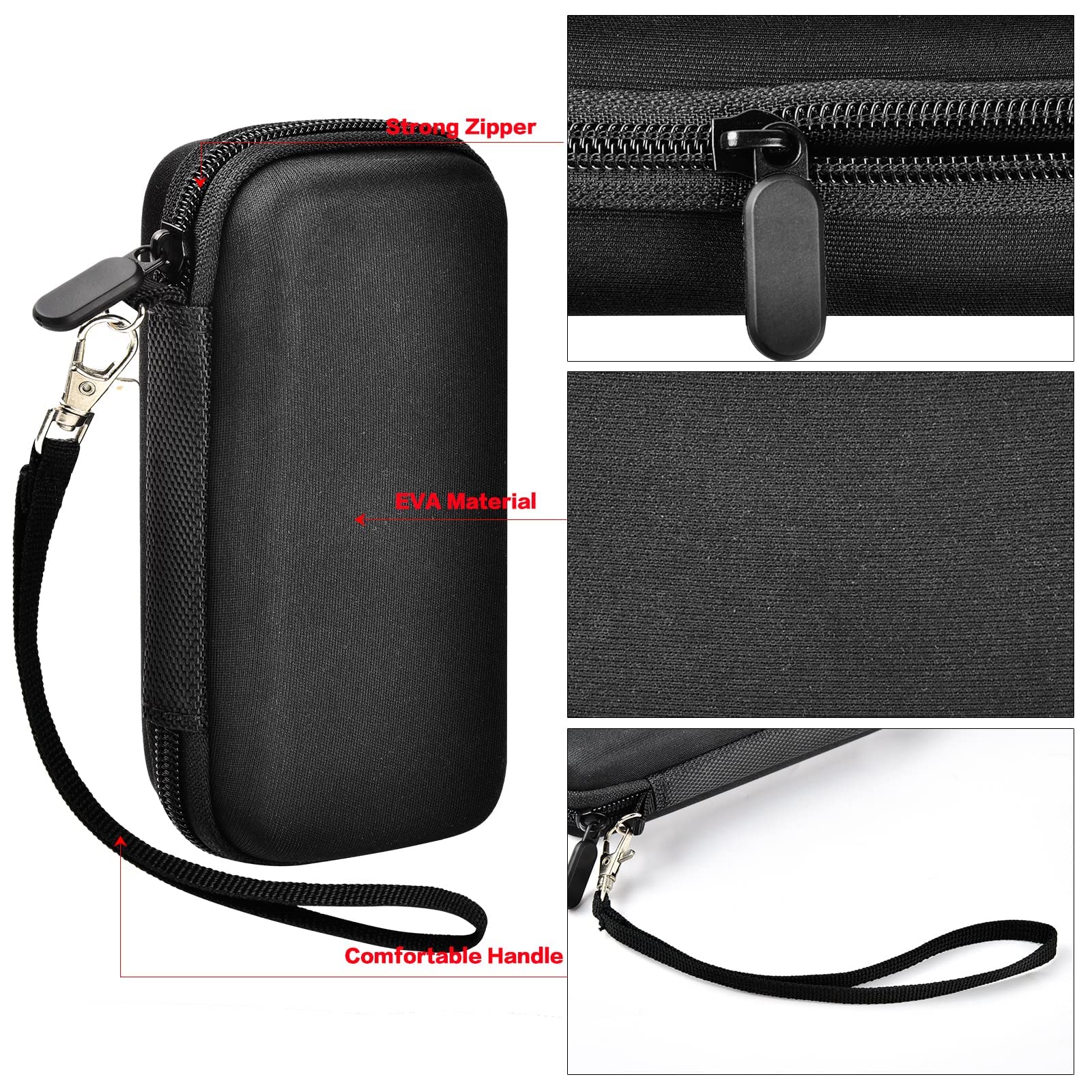 Black EVA power bank case with strong zipper, protective shell, and comfortable wrist strap