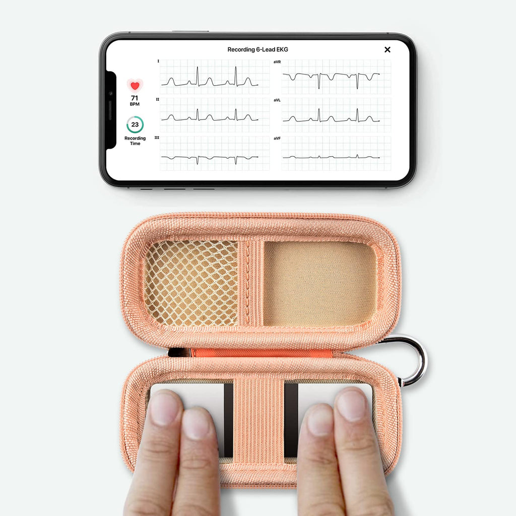 KardiaMobile 6L device used inside the open peach travel case without removal