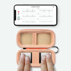 KardiaMobile 6L device used inside the open peach travel case without removal