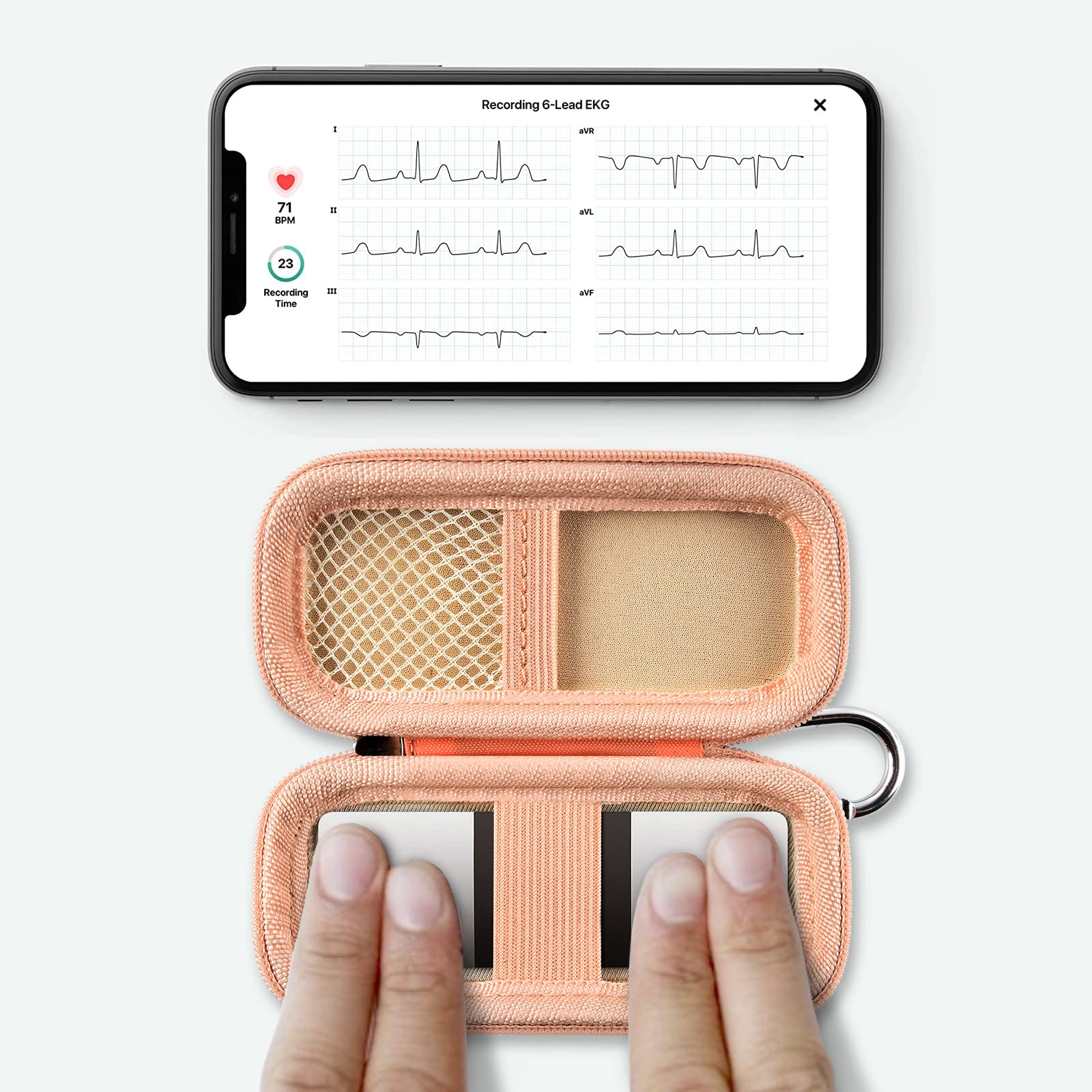 KardiaMobile 6L device used inside the open peach travel case without removal