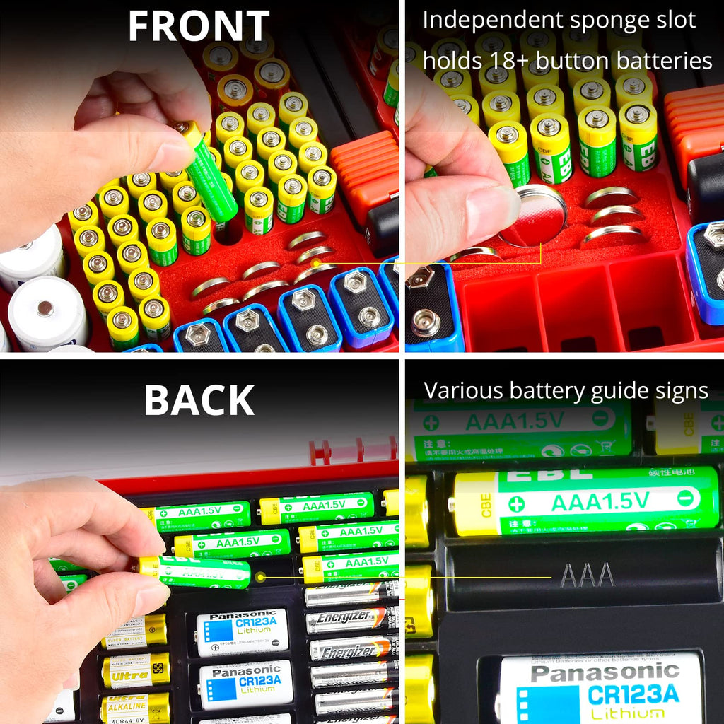 Red 269-slot battery organizer case front and back battery compartments and button-cell slots