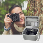 Photographer using a compact camera beside the open gray organizer