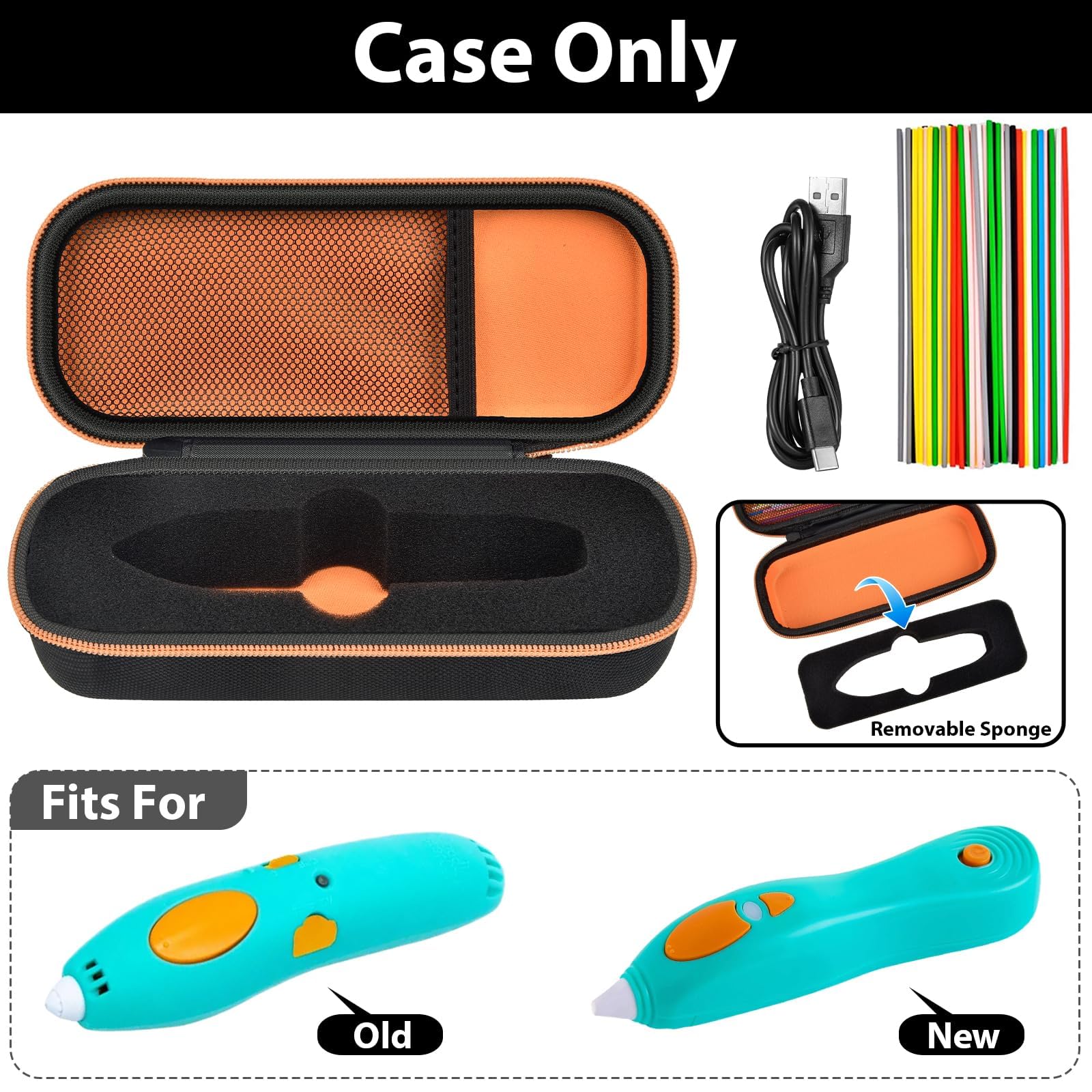 Open black and orange 3Doodler Start+ pen case with filament storage; case only