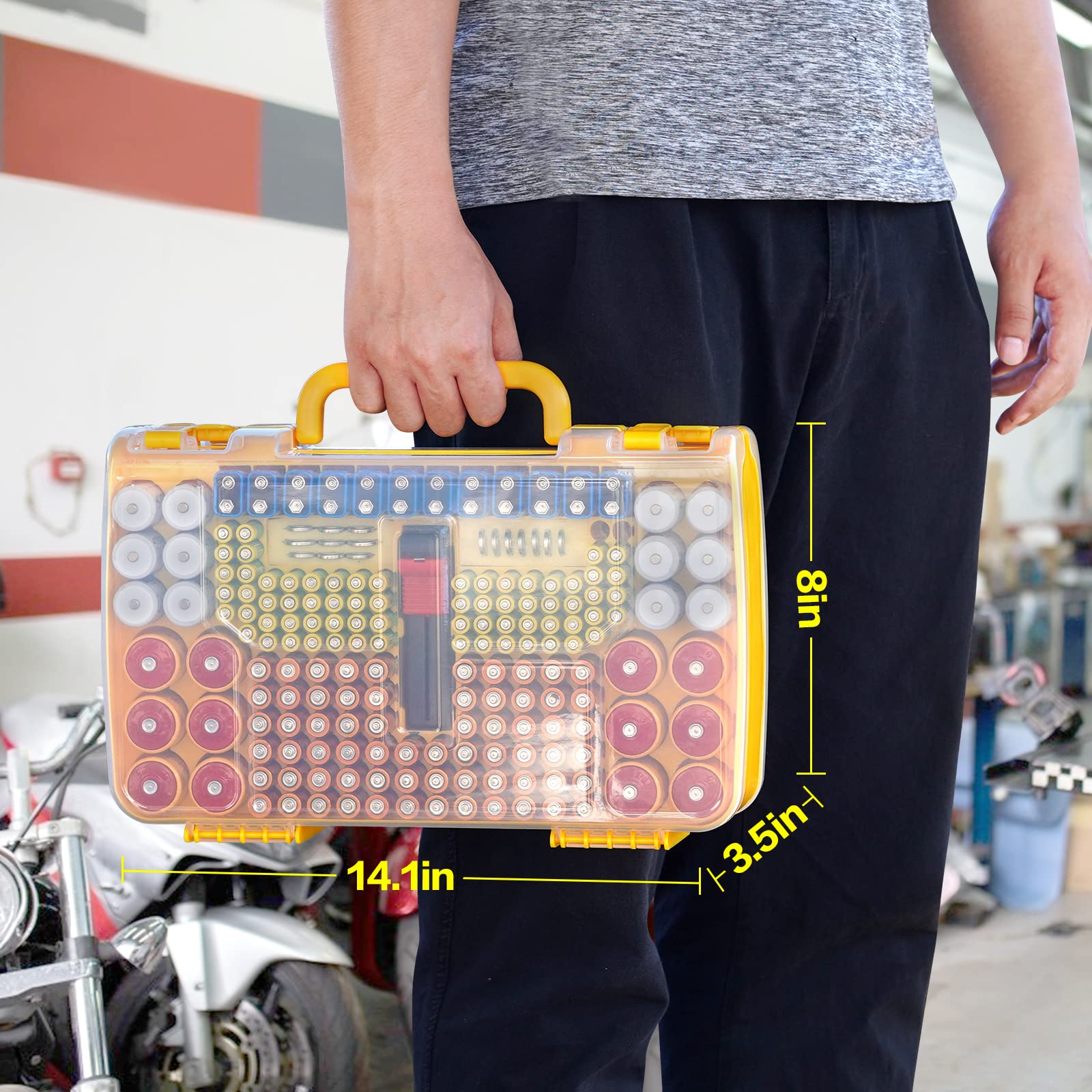 Orange 269-slot battery organizer case carried by the handle with case dimensions shown