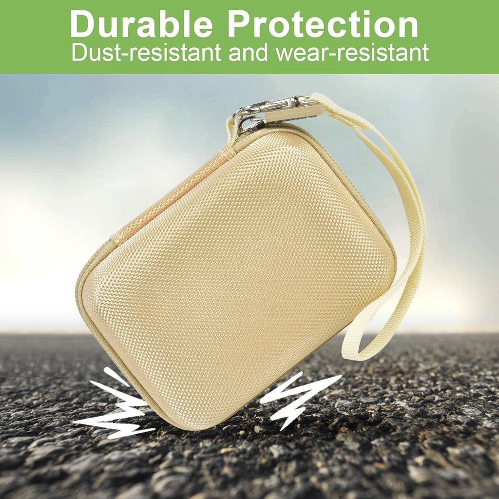 Beige protective digital camera case dust- and wear-resistant protection demonstration