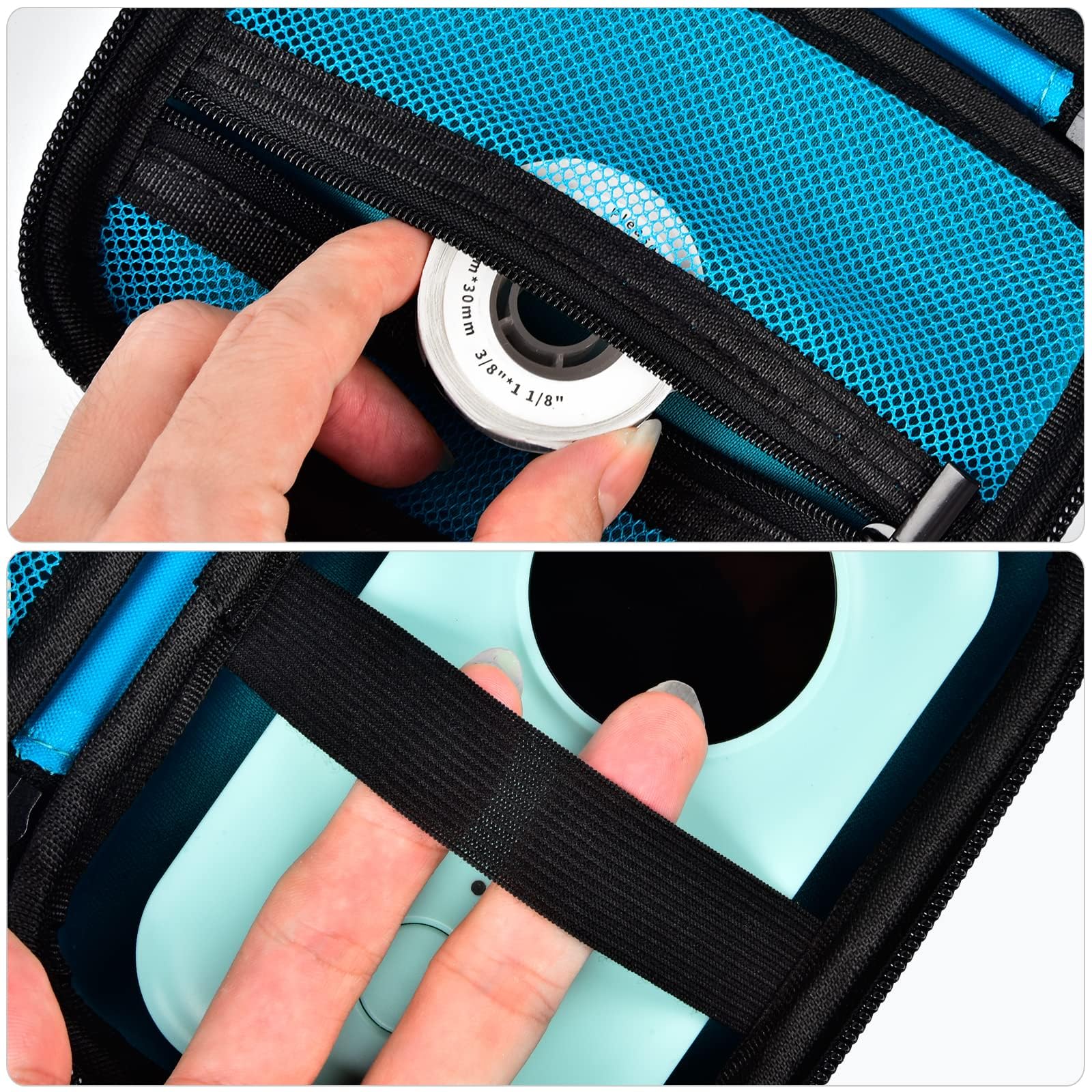 Teal case interior with elastic printer strap and mesh accessory pocket