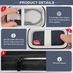 Black SanDisk SSD case product details including mesh pocket, elastic strap, and smooth zipper