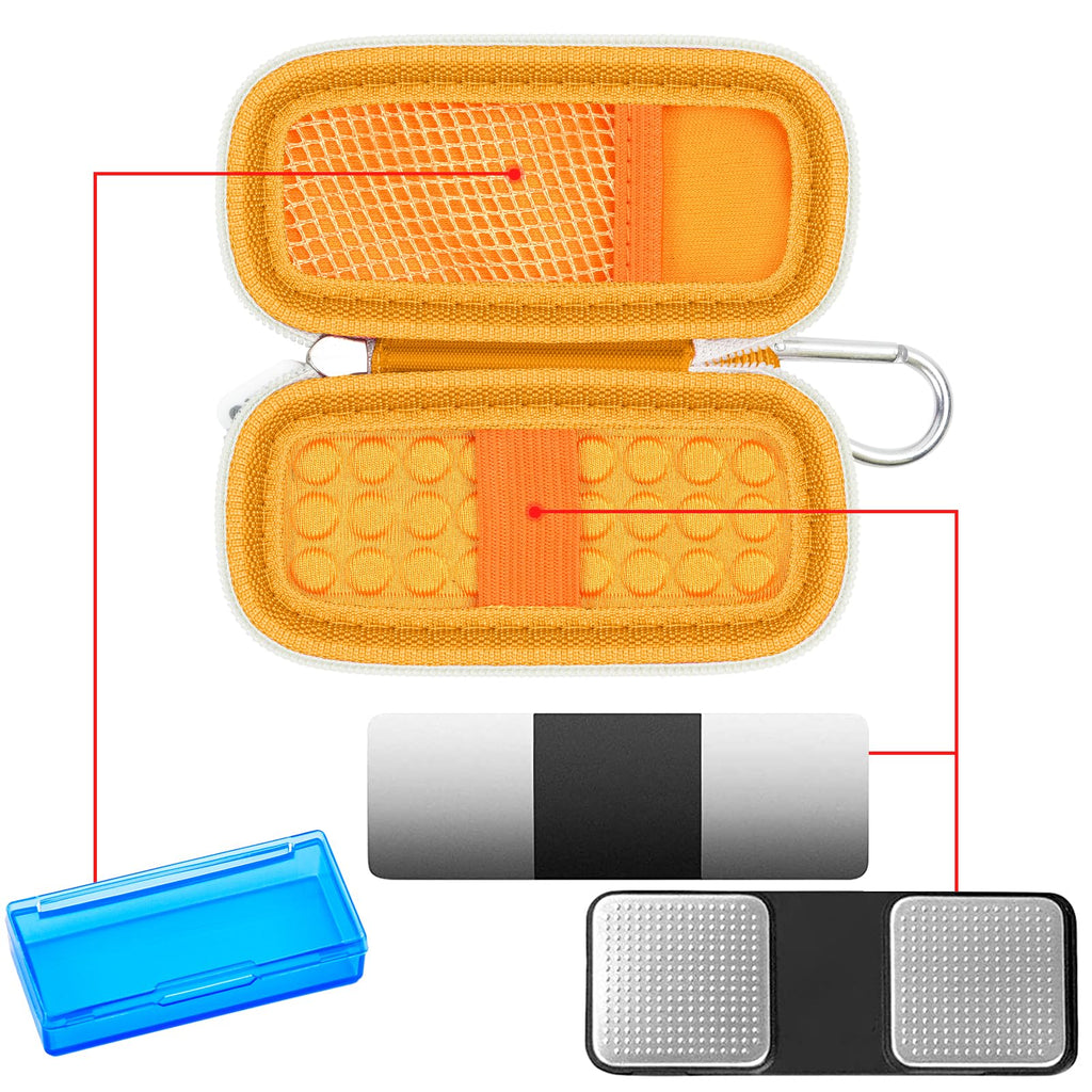 Open orange KardiaMobile case with mesh pocket, sensor area, and accessory compartments