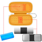 Open orange KardiaMobile case with mesh pocket, sensor area, and accessory compartments
