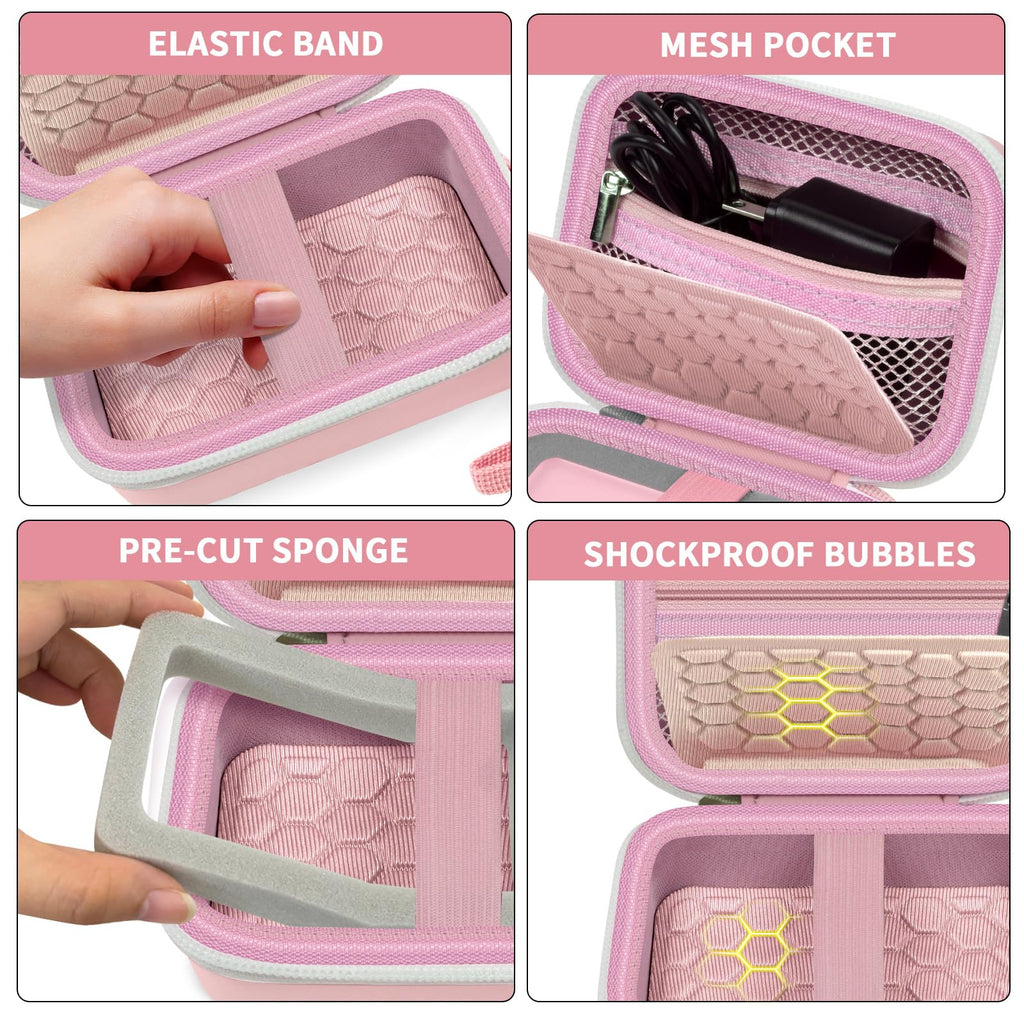 Light pink camera case interior with elastic strap, mesh pocket, foam insert, and shock-absorbing padding