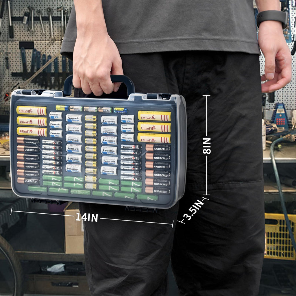 Navy blue 269-slot battery organizer case carried by the handle with case dimensions shown