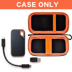 Open black and orange SanDisk SSD case with drive, cable, and memory cards; case only