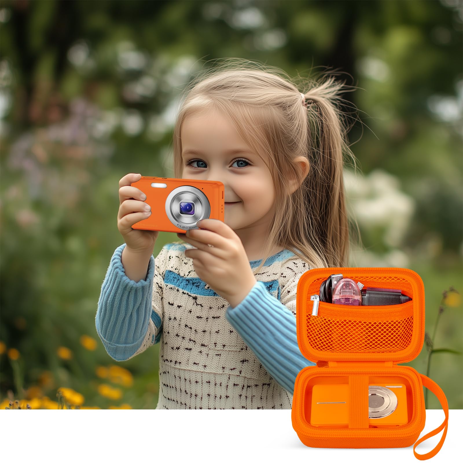 Orange protective digital camera case shown beside a child taking photos outdoors