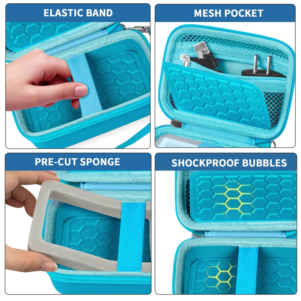Teal camera case with shockproof PU shell, splash resistance, and strong zipper