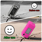 Hot pink silicone case for Kodak Charmera keychain camera drop-protection demonstration with keychain attached