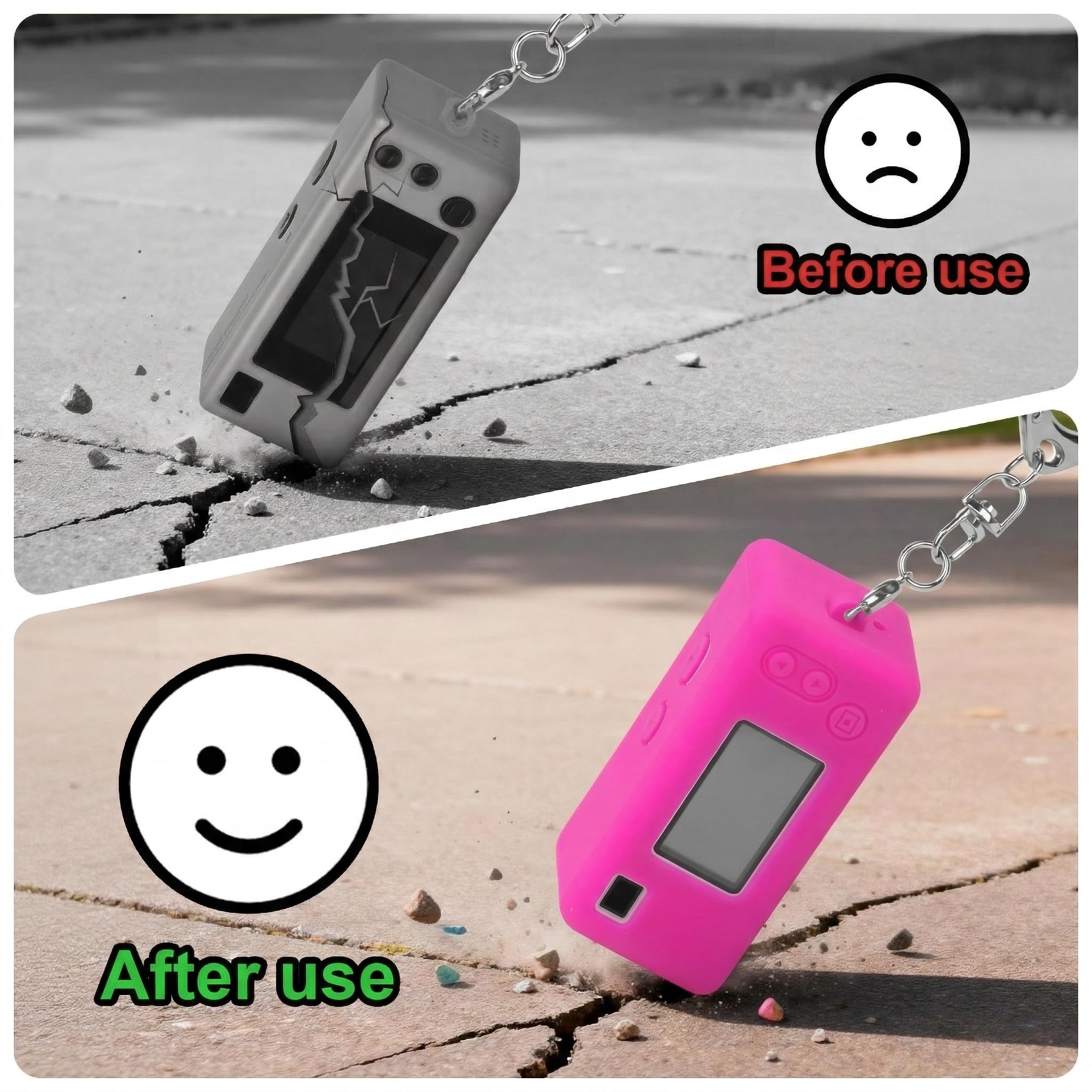Hot pink silicone case for Kodak Charmera keychain camera drop-protection demonstration with keychain attached