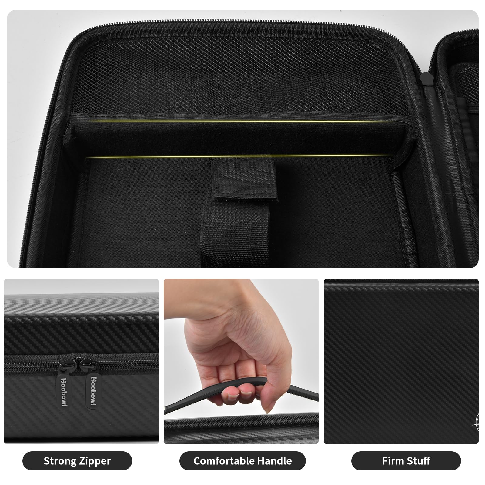 Black and gold clipper case with mesh pocket, strong zipper, handle, and firm protective shell