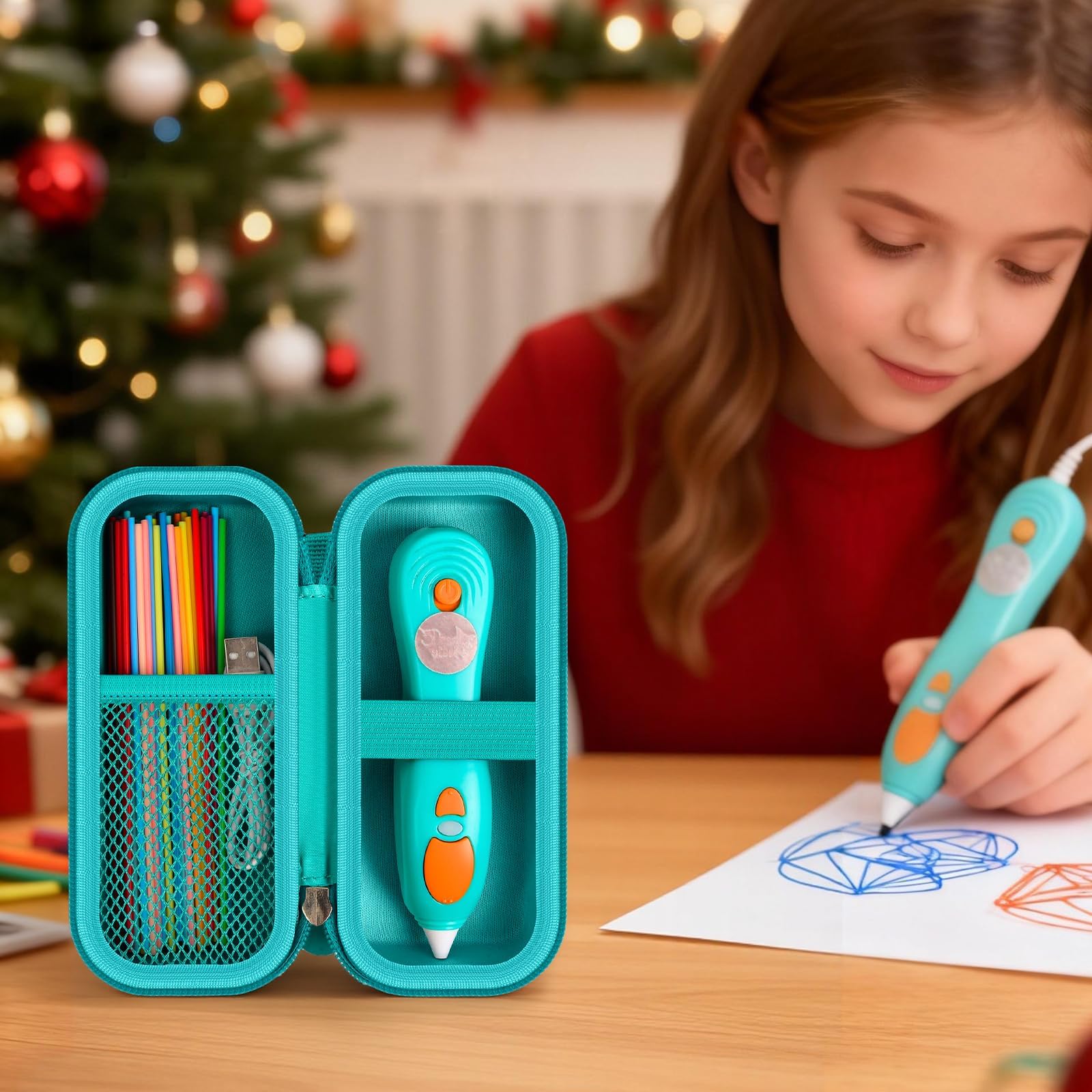 Girl using a 3D printing pen beside the open teal organizer with filaments