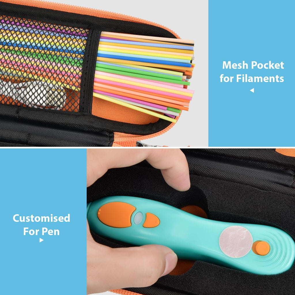 Blue and orange case interior with mesh filament pocket and custom-fit 3D pen compartment