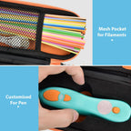 Blue and orange case interior with mesh filament pocket and custom-fit 3D pen compartment