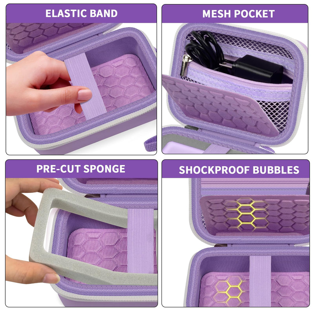Lavender camera case interior with elastic strap, mesh pocket, foam insert, and shock-absorbing padding