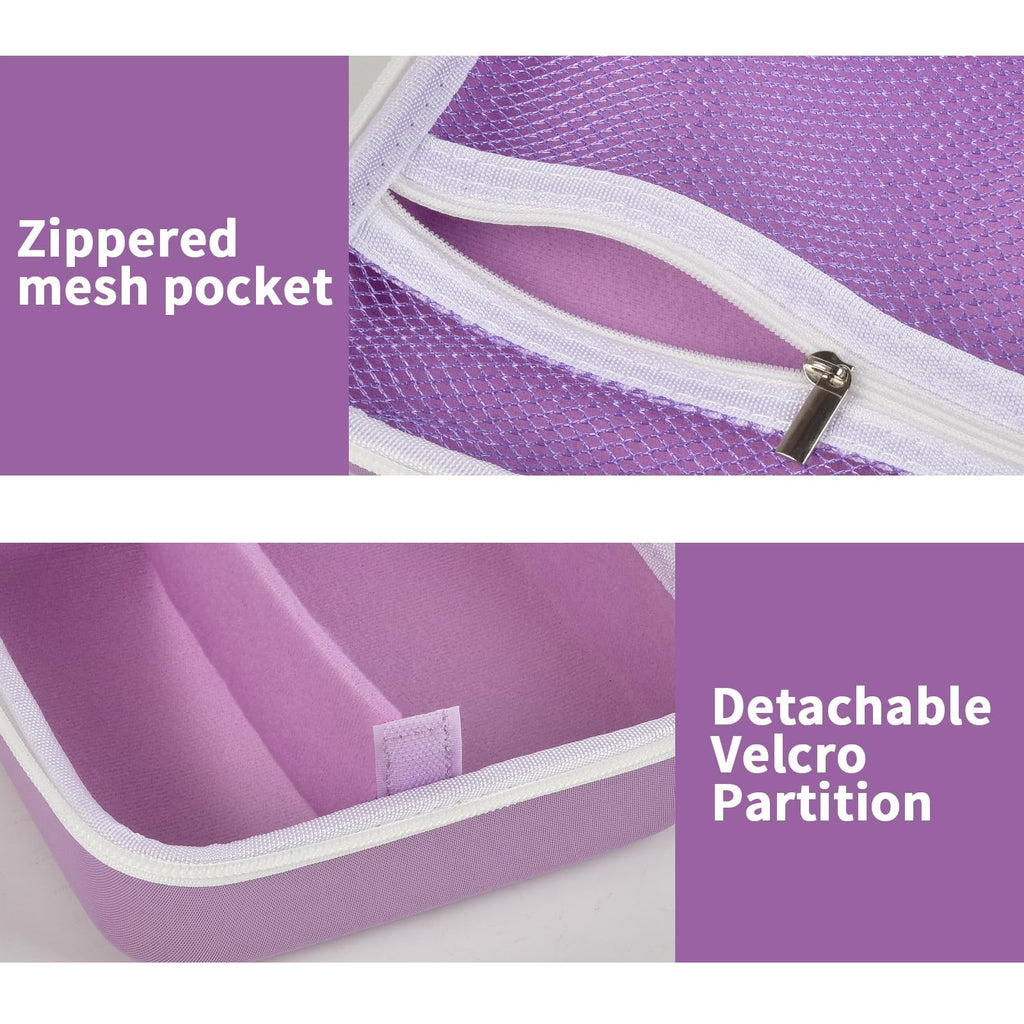 Purple label maker case interior with zippered mesh pocket and removable partition