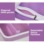 Purple label maker case interior with zippered mesh pocket and removable partition