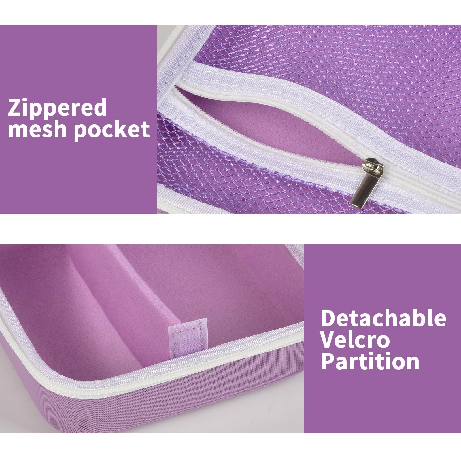 Purple label maker case interior with zippered mesh pocket and removable partition