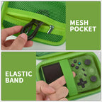 Green retro handheld console carrying case mesh cable pocket and elastic console strap interior
