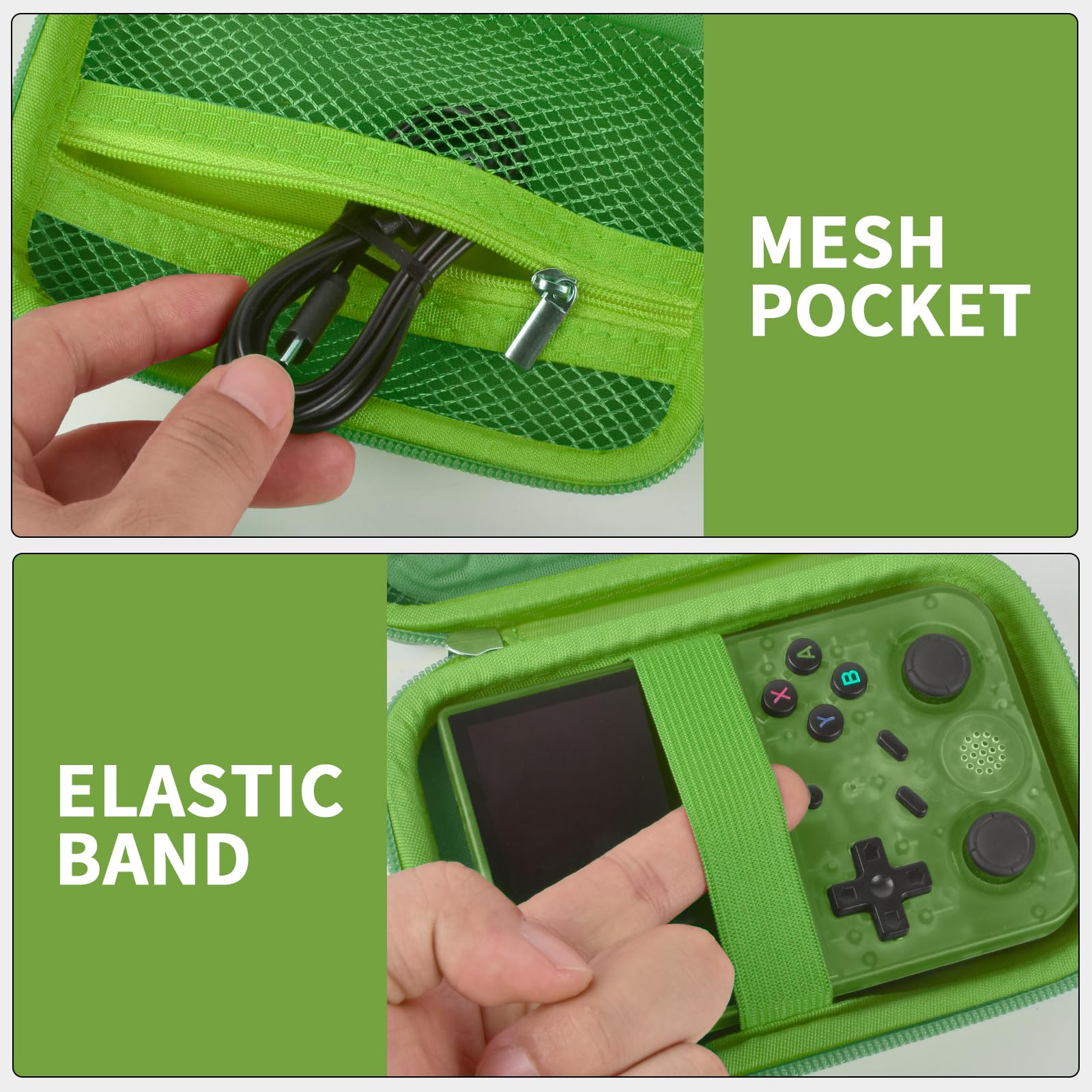Green retro handheld console carrying case mesh cable pocket and elastic console strap interior