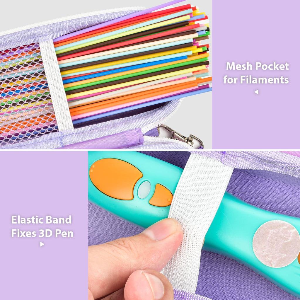 Lavender case interior with mesh filament pocket and elastic strap securing the 3D pen