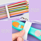 Lavender case interior with mesh filament pocket and elastic strap securing the 3D pen