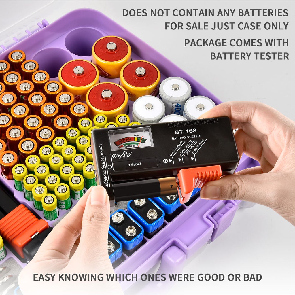 Purple 269-slot battery organizer case included battery tester checking battery condition