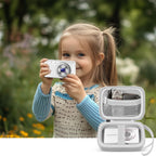White protective digital camera case shown beside a child taking photos outdoors