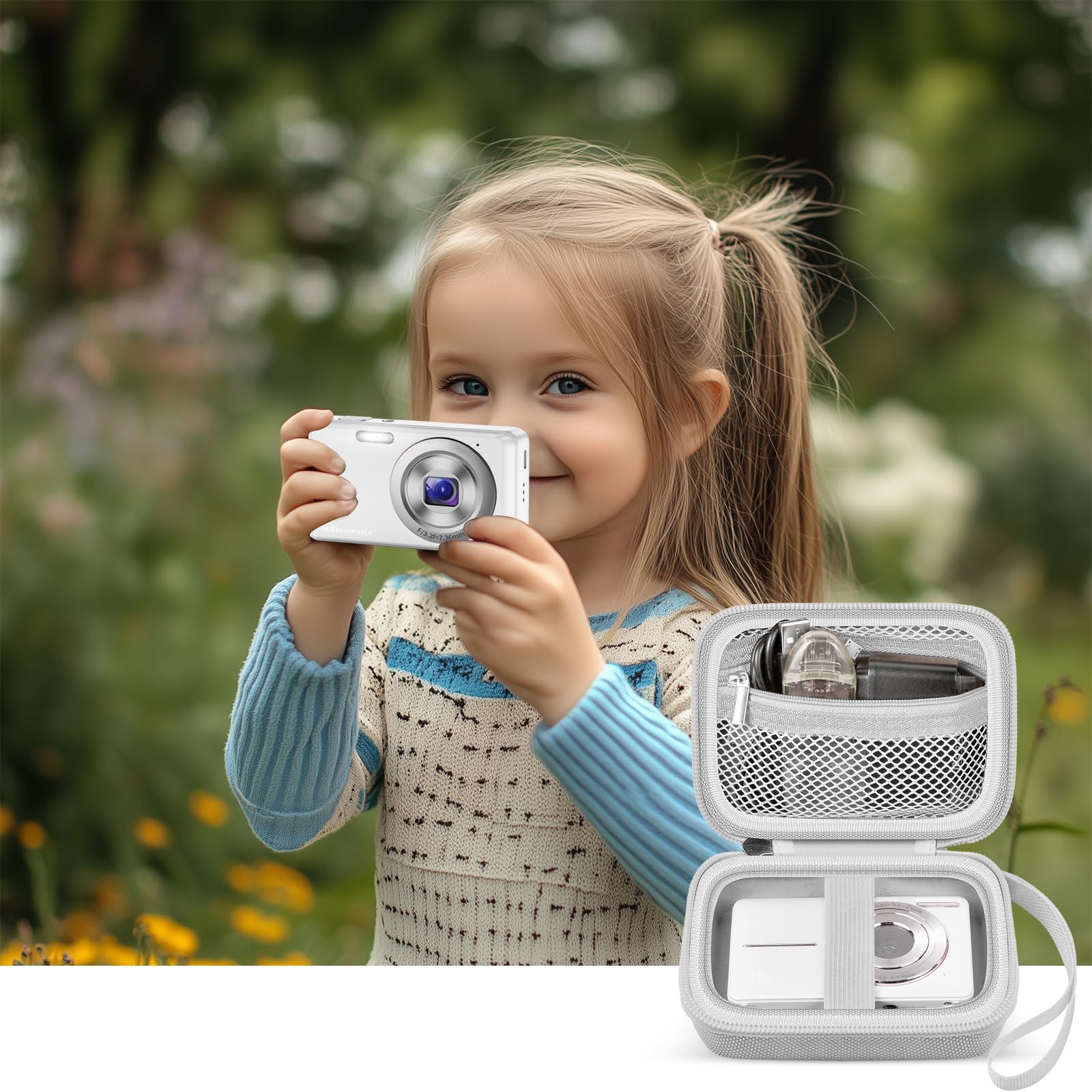 White protective digital camera case shown beside a child taking photos outdoors
