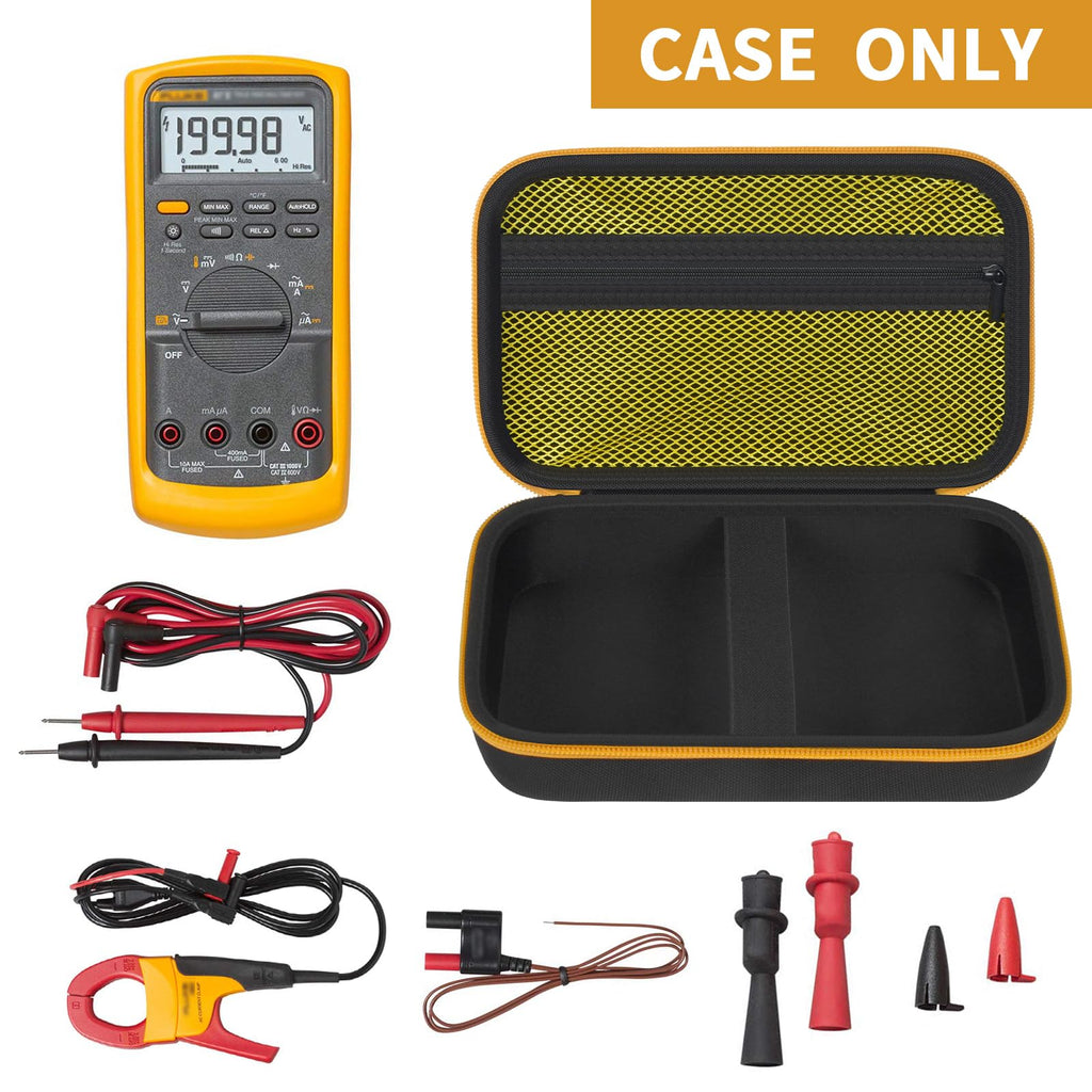 Open black and yellow multimeter case with mesh pocket, test leads, probes, and accessories; case only