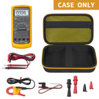 Open black and yellow multimeter case with mesh pocket, test leads, probes, and accessories; case only