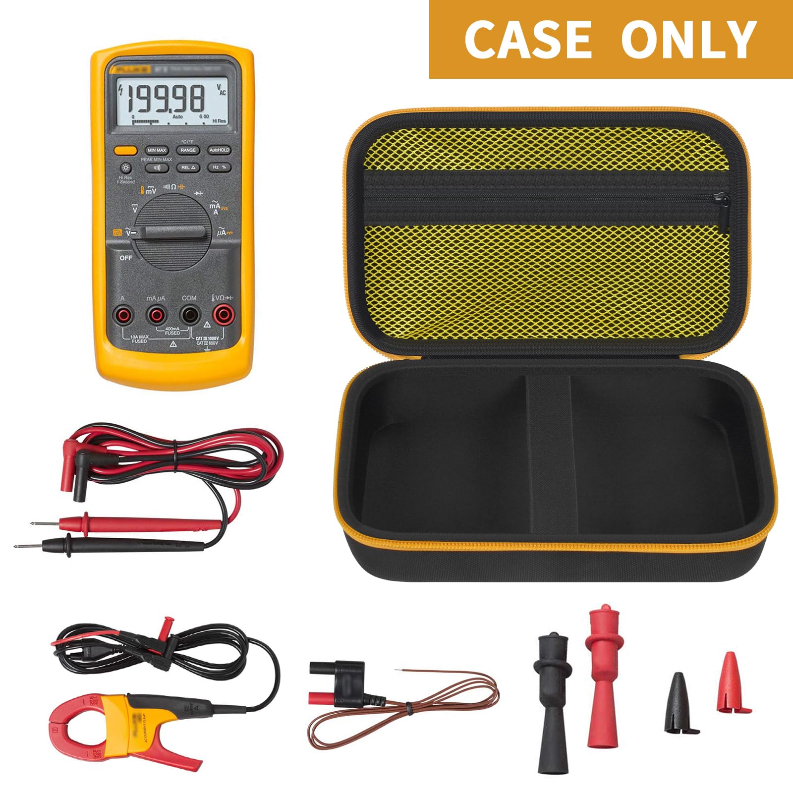 Open black and yellow multimeter case with mesh pocket, test leads, probes, and accessories; case only