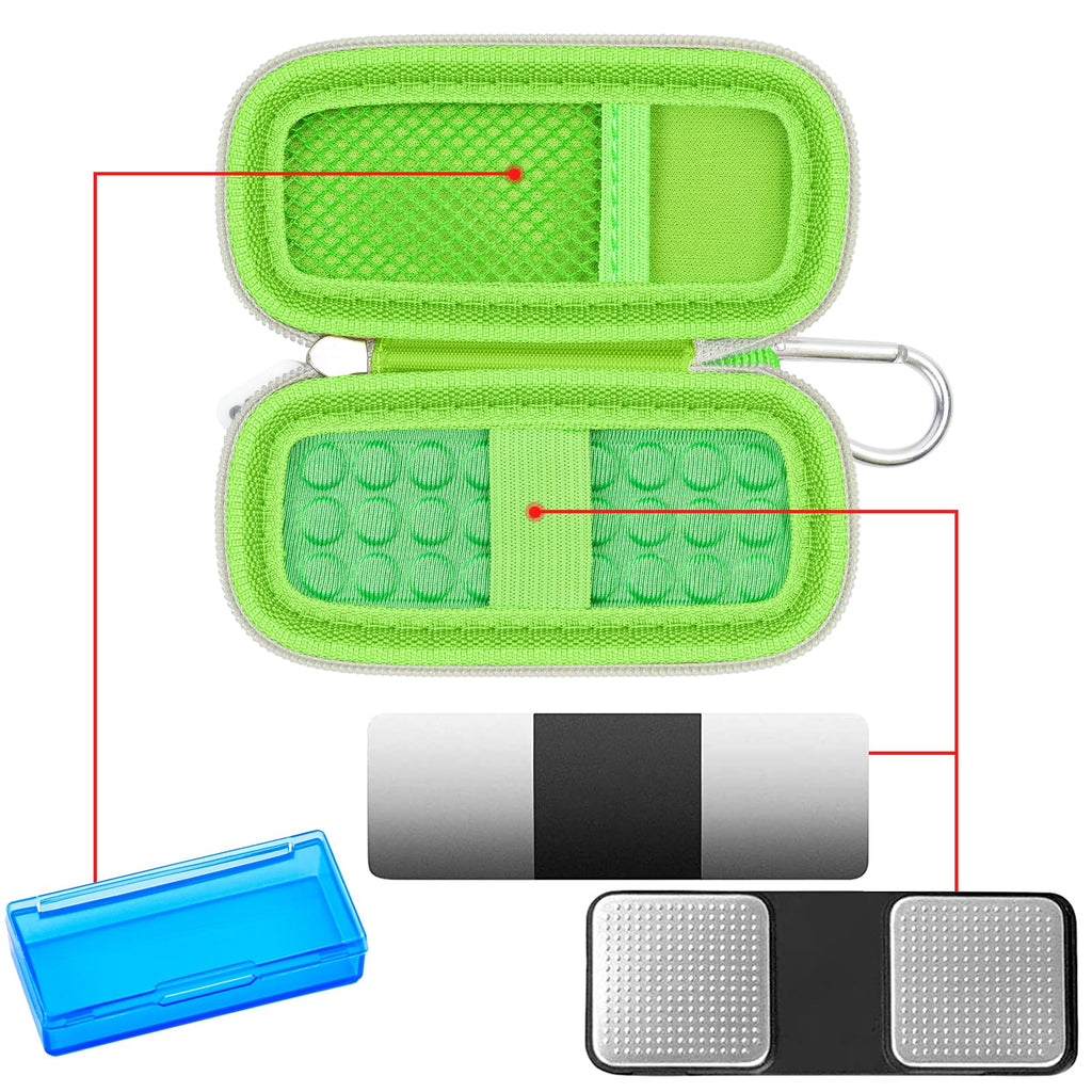 Open green KardiaMobile case with mesh pocket, sensor area, and accessory compartments