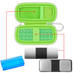 Open green KardiaMobile case with mesh pocket, sensor area, and accessory compartments