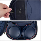 Navy blue headphone case interior with mesh accessory pocket and folded headphones