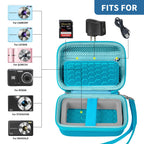Open teal compact camera case shown with compatible Kodak, Canon, and Sony cameras