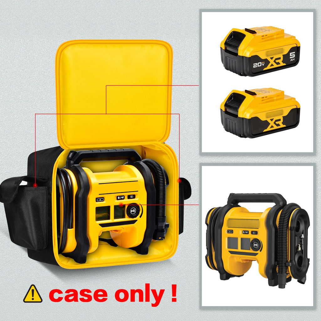 Open yellow-lined carrying case fitted around a DEWALT tire inflator; case only