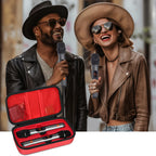Singers using wireless microphones beside the open red carrying case