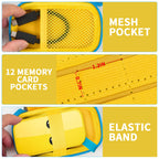 Yellow and blue SSD case interior with mesh pocket, 12 card slots, and elastic drive strap