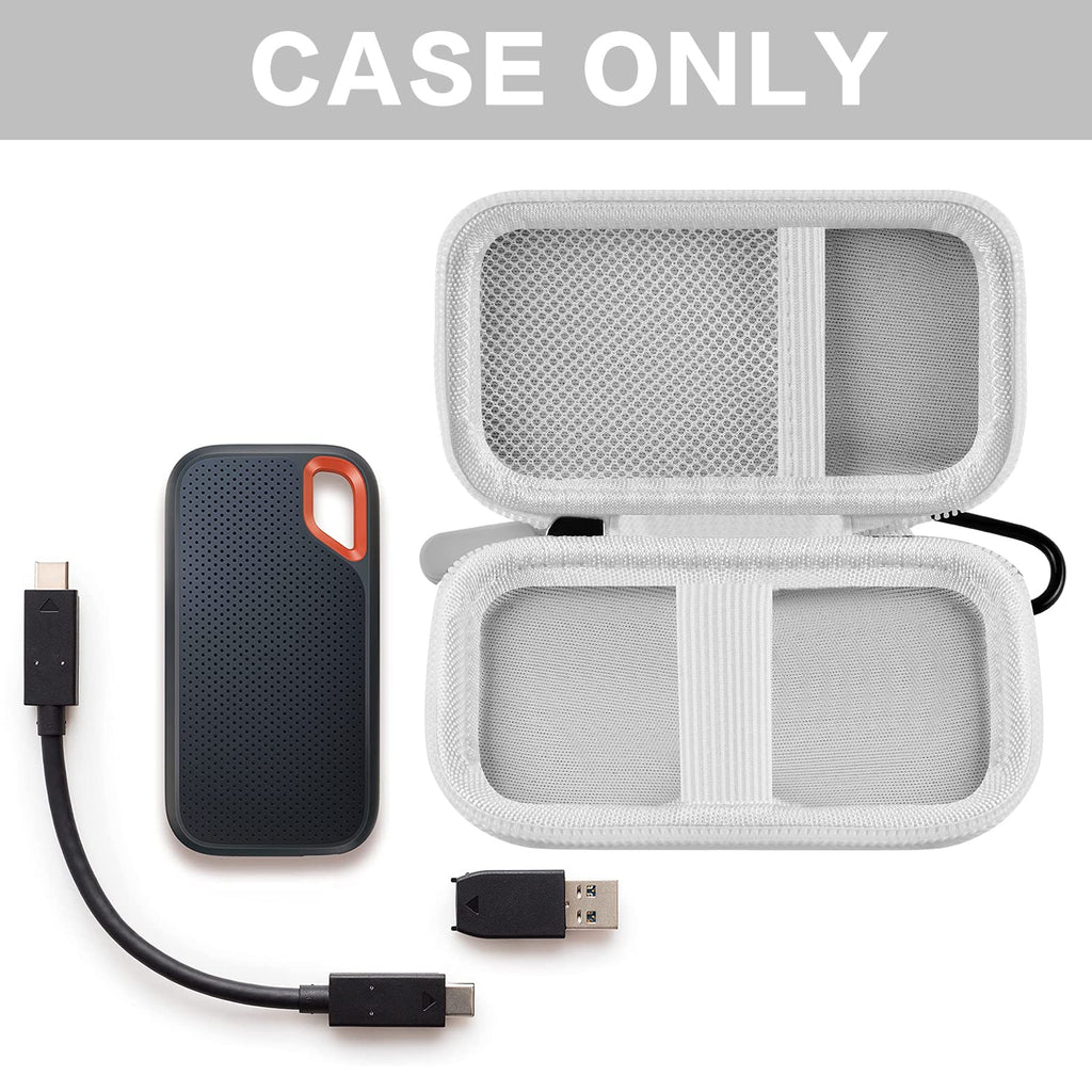 Open white SanDisk SSD case with portable drive and cable; case only
