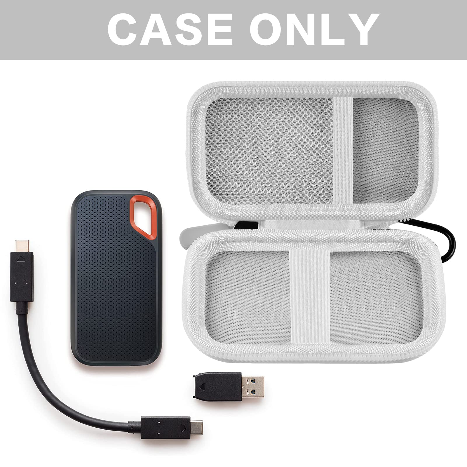 Open white SanDisk SSD case with portable drive and cable; case only