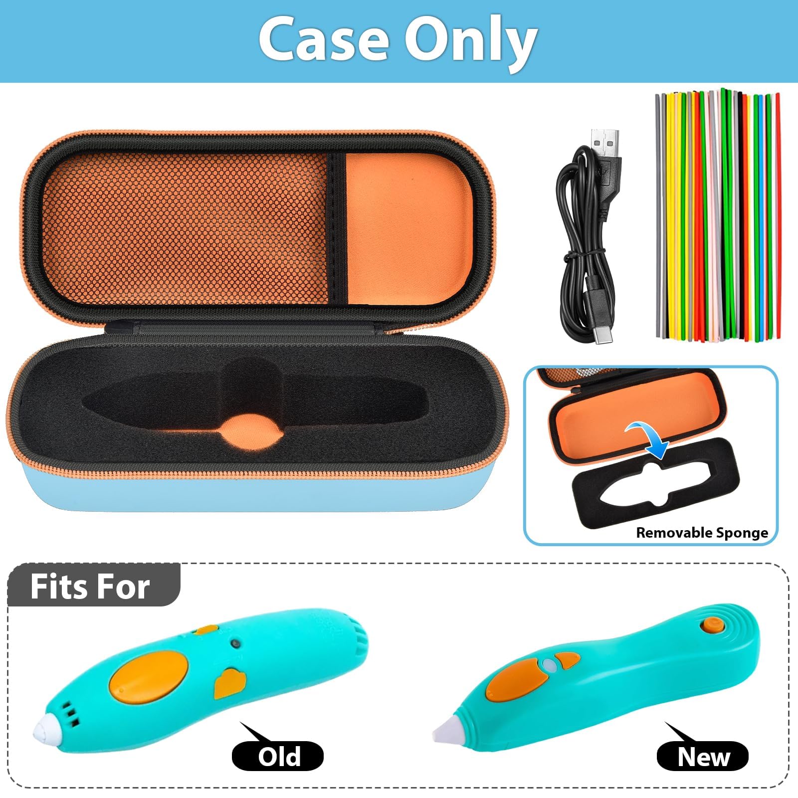 Open blue and orange 3Doodler Start+ pen case with filament storage; case only