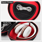 Black and red headphone case with elastic mesh pocket and folded over-ear headphones inside